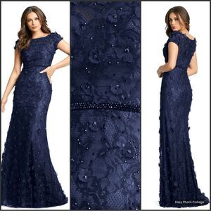 MAC DUGGAL 67711 Navy Floral Applique Boat Neck Cap Sleeve Gown